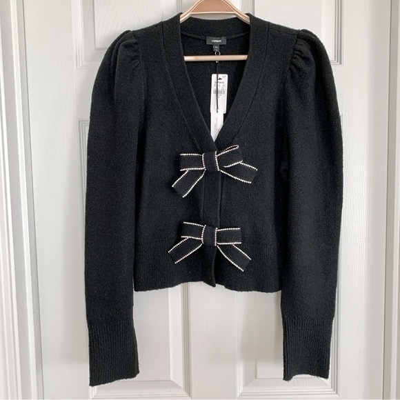[⭐️ PRICE FIRM] EXPRESS Bow V-Neck Puff Shoulder Cardigan Sweater Black Medium M - Picture 8 of 14